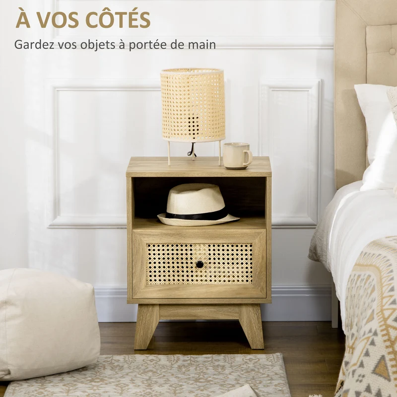 Lot de 2 tables de chevet 45 x 39 x 56.5 cm rangement tiroir et niche gain de place vintage scandinave en MDF naturel 21_0001680