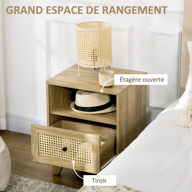 Lot de 2 tables de chevet 45 x 39 x 56.5 cm rangement tiroir et niche gain de place vintage scandinave en MDF naturel 21_0001680