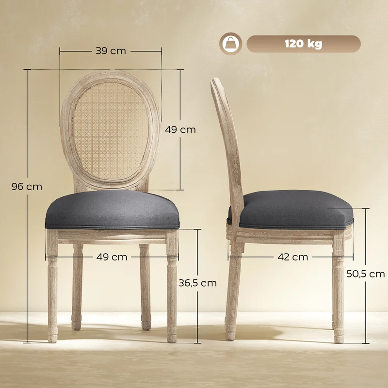 Lot de 2 chaises médaillon salle à manger 49 x 56 x 96 cm dossier cannage assise mousse dense classique en bois gris 21_0002251