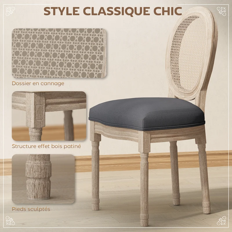 Lot de 2 chaises médaillon salle à manger 49 x 56 x 96 cm dossier cannage assise mousse dense classique en bois gris 21_0002251