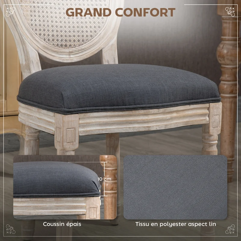 Lot de 2 chaises médaillon salle à manger 49 x 56 x 96 cm dossier cannage assise mousse dense classique en bois gris 21_0002251