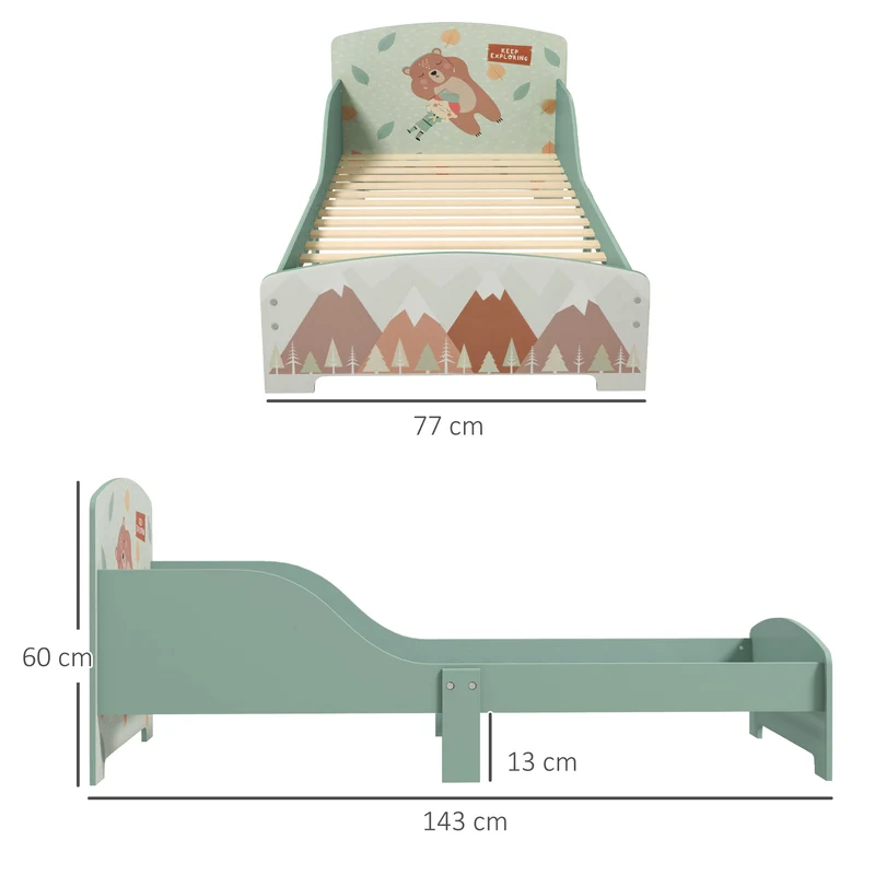 Lit enfant basse hauteur avec barrières de sécurité 77 x 143 x 60 cm idéal transition chambre scandinave en MDF vert 21_0000244