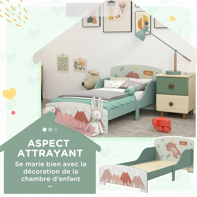 Lit enfant basse hauteur avec barrières de sécurité 77 x 143 x 60 cm idéal transition chambre scandinave en MDF vert 21_0000244