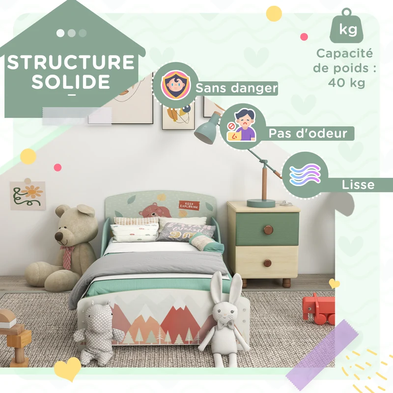 Lit enfant basse hauteur avec barrières de sécurité 77 x 143 x 60 cm idéal transition chambre scandinave en MDF vert 21_0000244