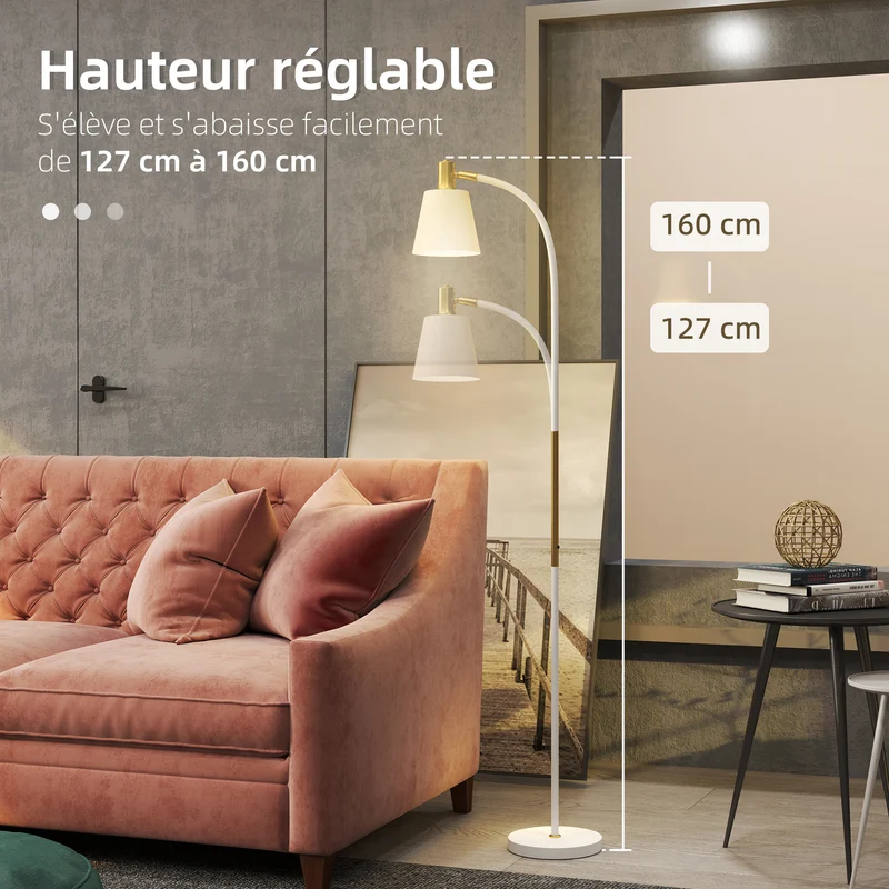 Lampadaire sur pied salon hauteur réglable 49 x 21 x 127-160 cm éclairage lecture orientable design épuré en métal blanc 21_0007043