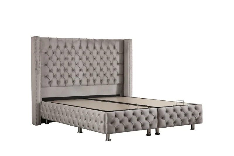 Lit Coffre CLOUTE Velours Gris