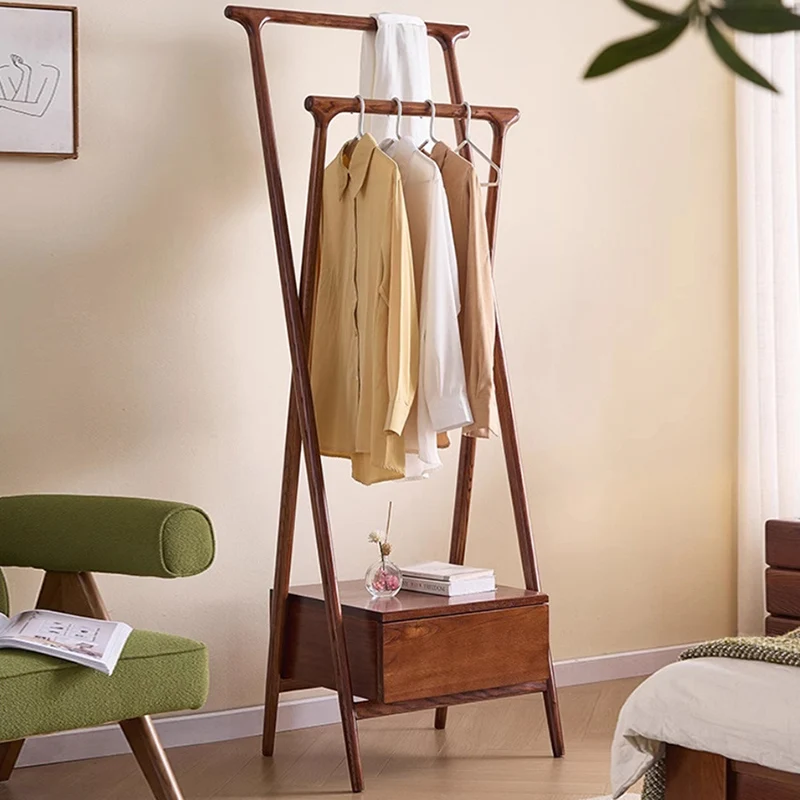 Freestanding Bedroom Garment Organizer: Ash Wood Coat Rack & Plywood Drawer - Vintage Storage Hall Tree For Bedroom