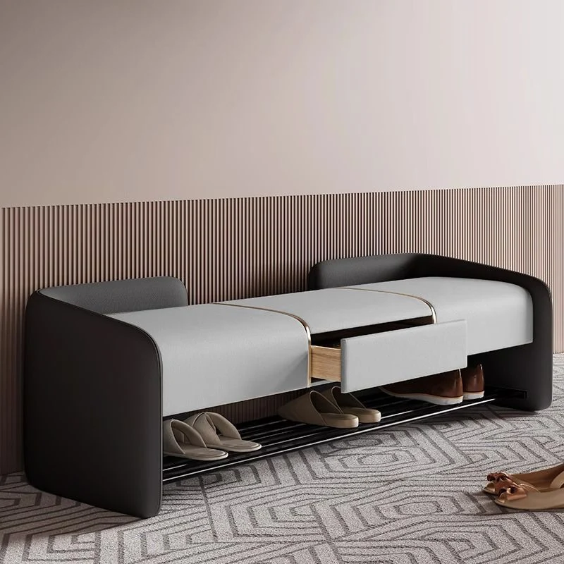 Contemporary Nordic Faux Nappa Leather Plywood Carbon Steel Rectangular Shoe Bench 1-Drawer For Entryway