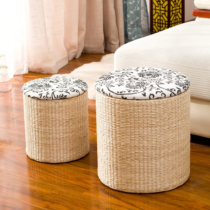 Modern Minimalist Cattail Grass Poplar Wood Linen Round Square Weaving Low Stool Set With Hidden Storage For Living Room