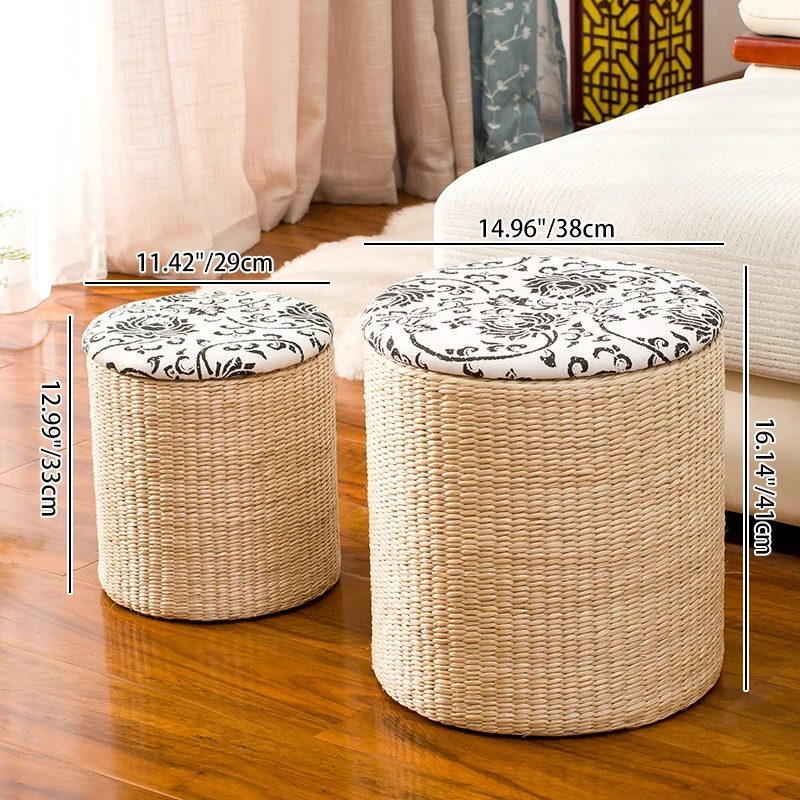 Modern Minimalist Cattail Grass Poplar Wood Linen Round Square Weaving Low Stool Set With Hidden Storage For Living Room