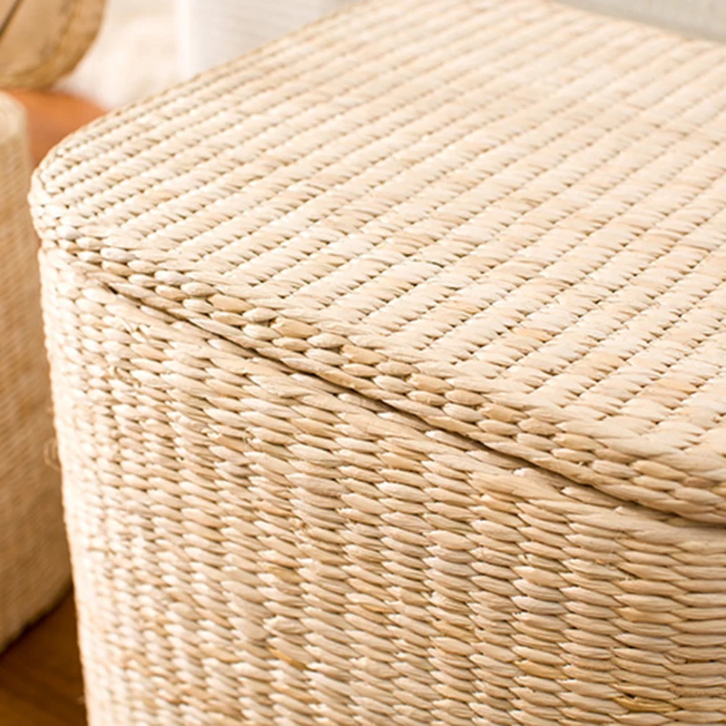 Modern Minimalist Cattail Grass Poplar Wood Linen Round Square Weaving Low Stool Set With Hidden Storage For Living Room