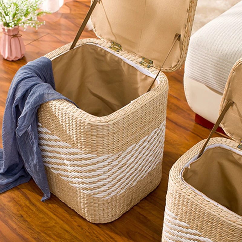 Modern Minimalist Cattail Grass Poplar Wood Linen Round Square Weaving Low Stool Set With Hidden Storage For Living Room