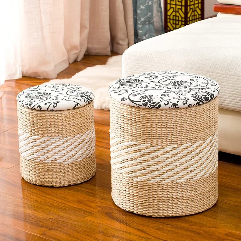 Modern Minimalist Cattail Grass Poplar Wood Linen Round Square Weaving Low Stool Set With Hidden Storage For Living Room