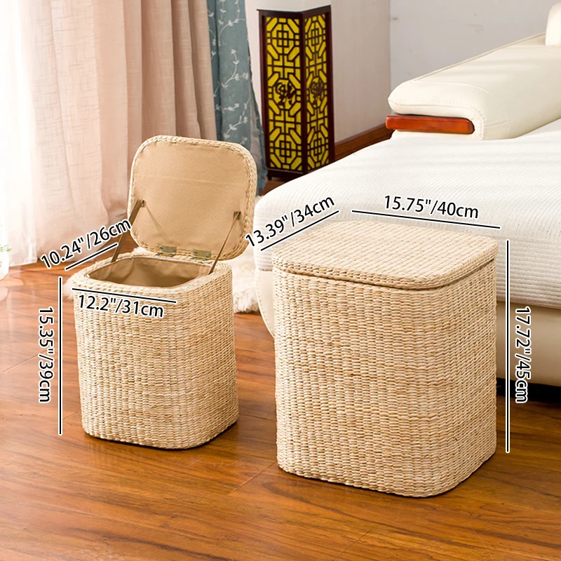Modern Minimalist Cattail Grass Poplar Wood Linen Round Square Weaving Low Stool Set With Hidden Storage For Living Room