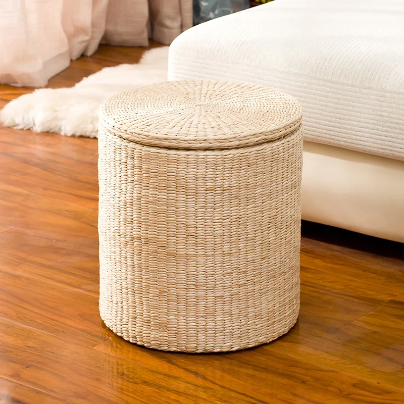 Modern Minimalist Cattail Grass Poplar Wood Linen Round Square Weaving Low Stool Set With Hidden Storage For Living Room