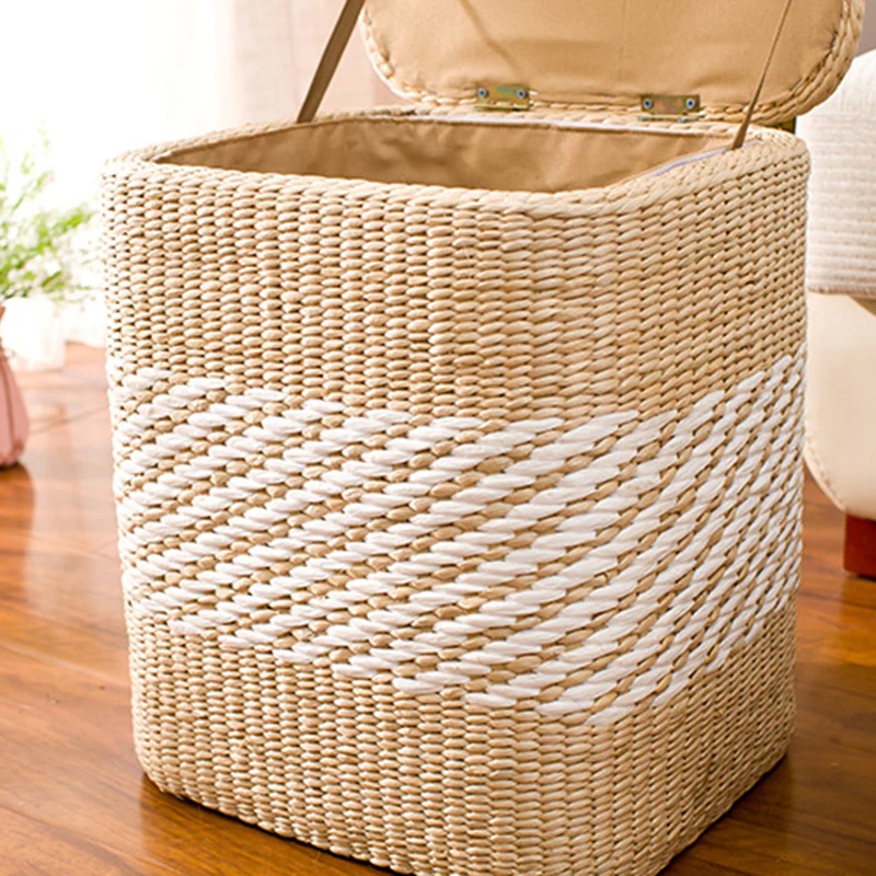 Modern Minimalist Cattail Grass Poplar Wood Linen Round Square Weaving Low Stool Set With Hidden Storage For Living Room