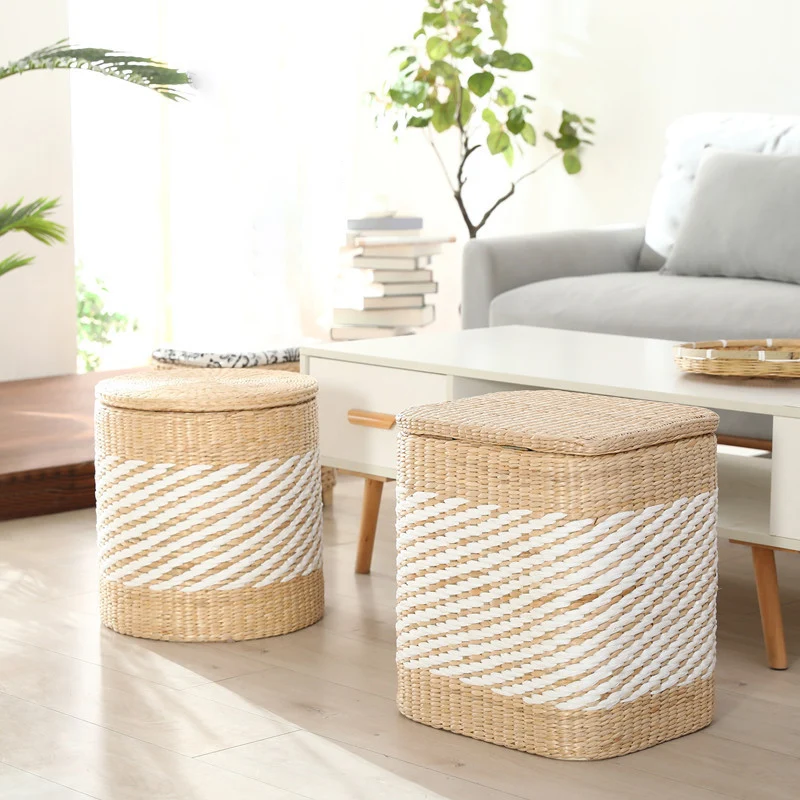 Modern Minimalist Cattail Grass Poplar Wood Linen Round Square Weaving Low Stool Set With Hidden Storage For Living Room