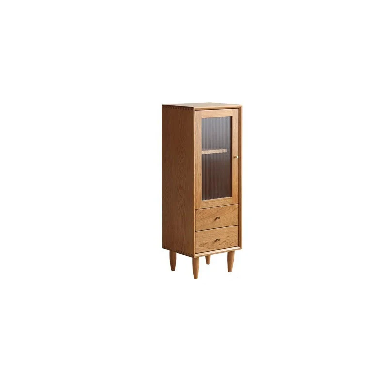 Contemporary Scandinavian Cherry Wood Glass Rectangular Storage Cabinet With 2 Drawers For Living Room