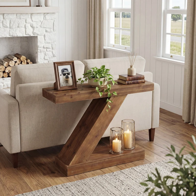 Tribesigns Console 105 cm, Table d'entrée en bois massif avec forme en Z