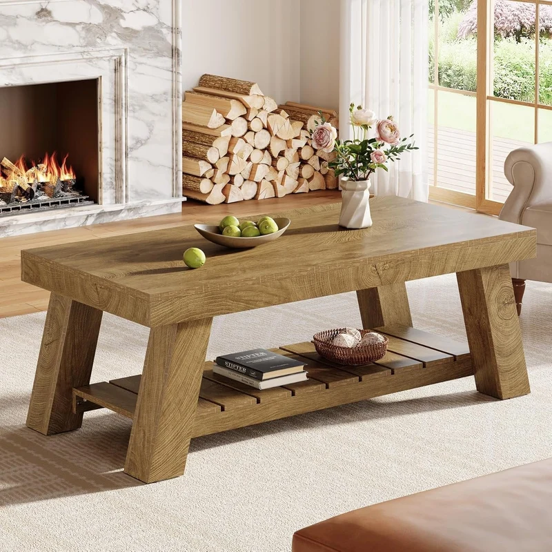 Tribesigns Table basse de style campagnard de 120 cm, Table rectangulaire rustique avec pieds en V pour salon