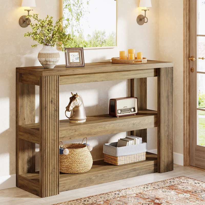 Tribesigns Console étroite 105 cm, Table basse de style campagnard à 3 niveaux avec étagères