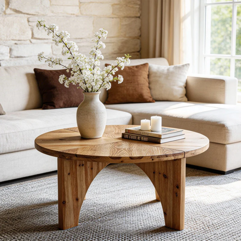 Tribesigns Table basse ronde en bois massif 80 cm, Style campagnard avec pieds incurvés