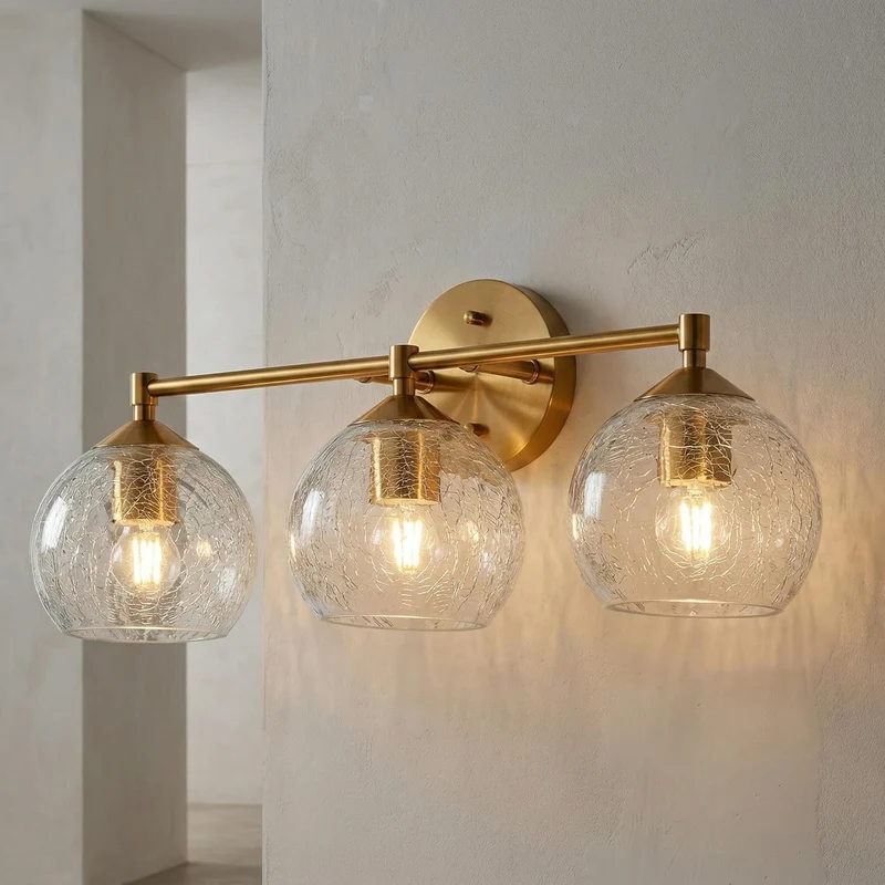 Tribesigns Applique murale dorée pour salle de bain à 3 lumières avec globes en verre craquelé