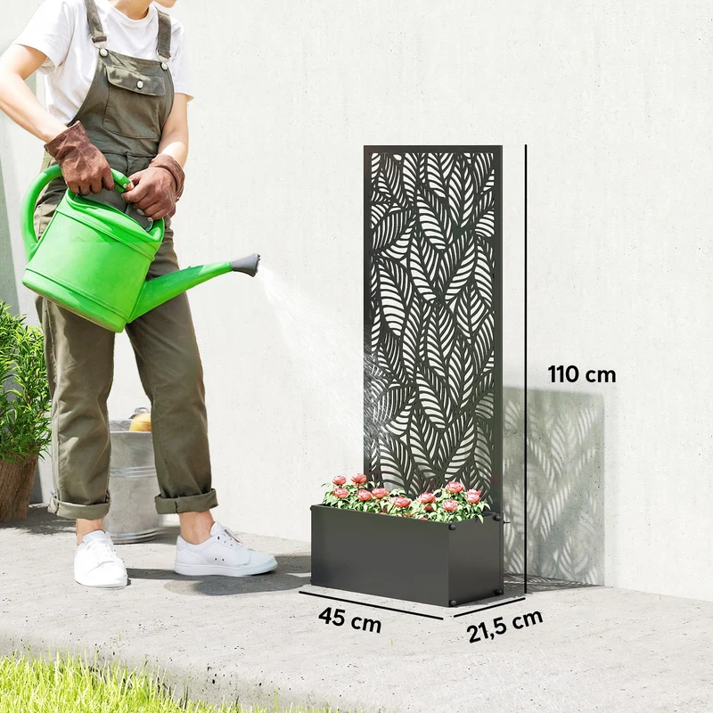 Jardinière surélevée pour plantes grimpantes 45 x 21.5 x 110 cm drainage intégré brise-vue contemporain en métal noir 21_0005646
