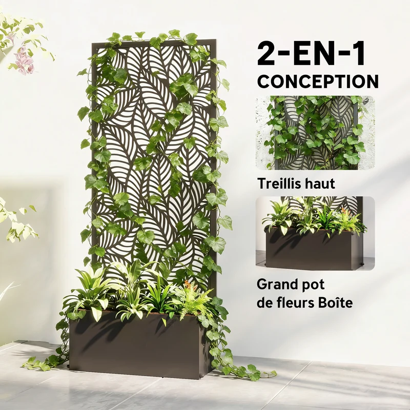 Jardinière surélevée pour plantes grimpantes 45 x 21.5 x 110 cm drainage intégré brise-vue contemporain en métal noir 21_0005646