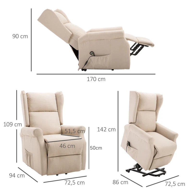 Fauteuil releveur inclinable salon 74 x 94 x 111 cm releveur électrique assise ergonomique contemporain en lin crème 21_0000862