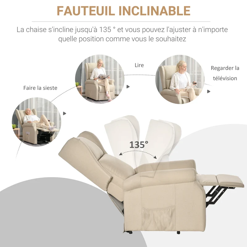Fauteuil releveur inclinable salon 74 x 94 x 111 cm releveur électrique assise ergonomique contemporain en lin crème 21_0000862