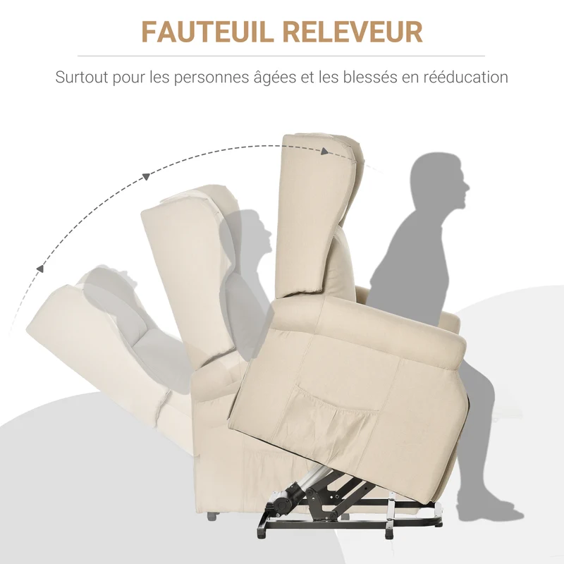 Fauteuil releveur inclinable salon 74 x 94 x 111 cm releveur électrique assise ergonomique contemporain en lin crème 21_0000862