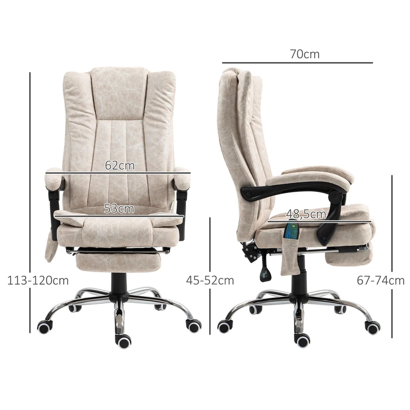 Fauteuil de bureau massant chauffant pivotant 360 inclinable 62 x 70 x 113-120 cm repose-pied moderne en polyester crème 21_0006178