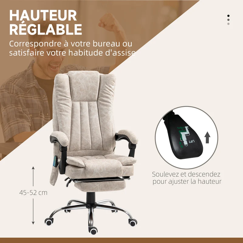 Fauteuil de bureau massant chauffant pivotant 360 inclinable 62 x 70 x 113-120 cm repose-pied moderne en polyester crème 21_0006178