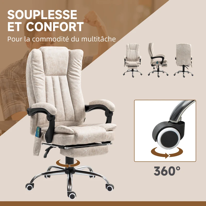 Fauteuil de bureau massant chauffant pivotant 360 inclinable 62 x 70 x 113-120 cm repose-pied moderne en polyester crème 21_0006178