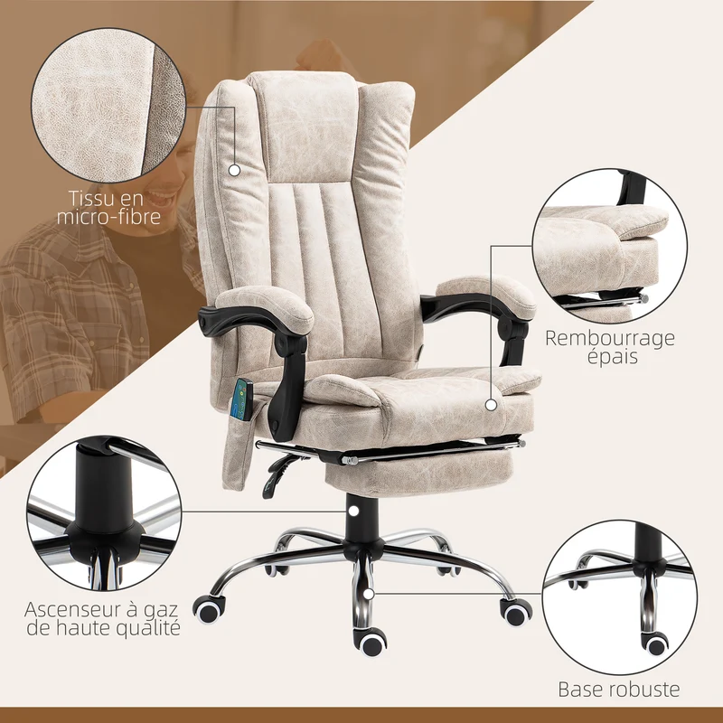 Fauteuil de bureau massant chauffant pivotant 360 inclinable 62 x 70 x 113-120 cm repose-pied moderne en polyester crème 21_0006178