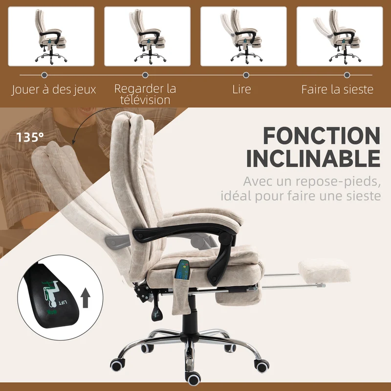 Fauteuil de bureau massant chauffant pivotant 360 inclinable 62 x 70 x 113-120 cm repose-pied moderne en polyester crème 21_0006178