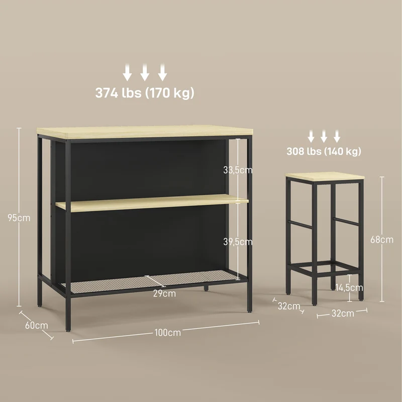 Ensemble table de bar et 2 tabourets 100 x 60 x 95 cm étagère assise douce moderne cuisine industriel en métal noir 21_0003252