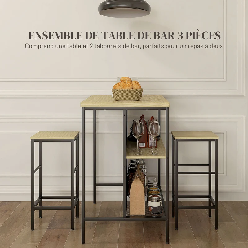 Ensemble table de bar et 2 tabourets 100 x 60 x 95 cm étagère assise douce moderne cuisine industriel en métal noir 21_0003252