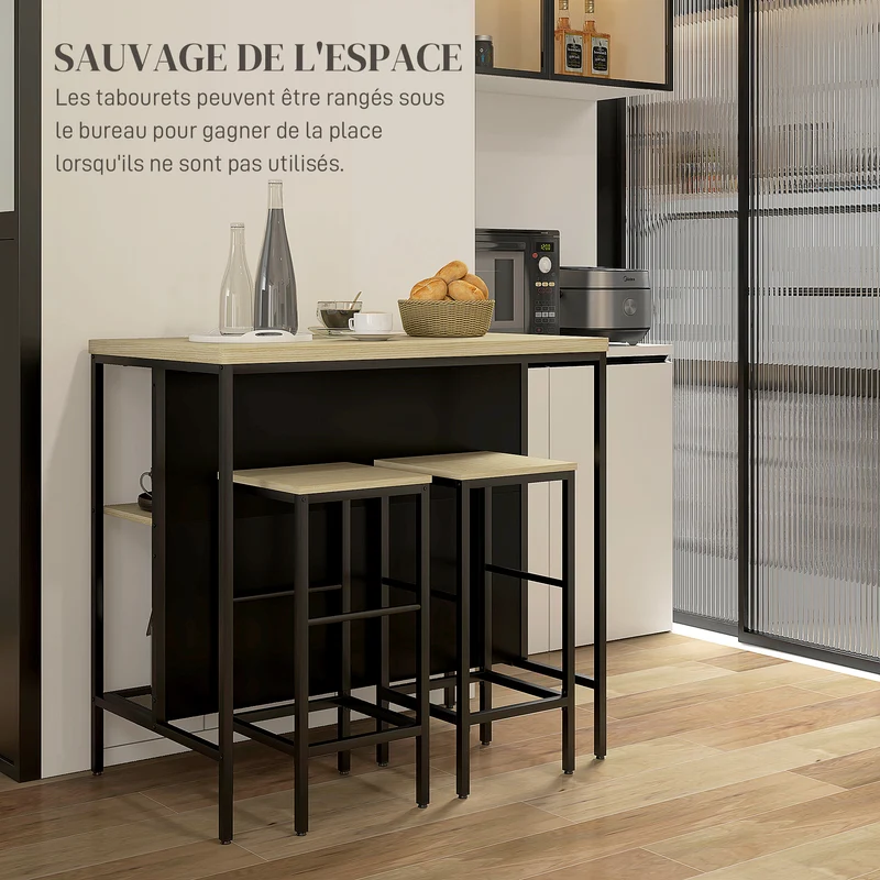 Ensemble table de bar et 2 tabourets 100 x 60 x 95 cm étagère assise douce moderne cuisine industriel en métal noir 21_0003252