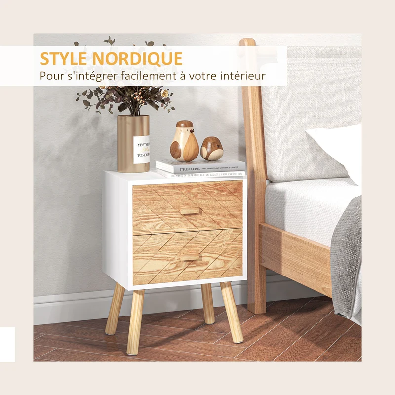 Chevet table de nuit 40 x 30 x 56 cm 4 tiroirs rangement pratique pieds effilés scandinave minimaliste en bois blanc 21_0001676