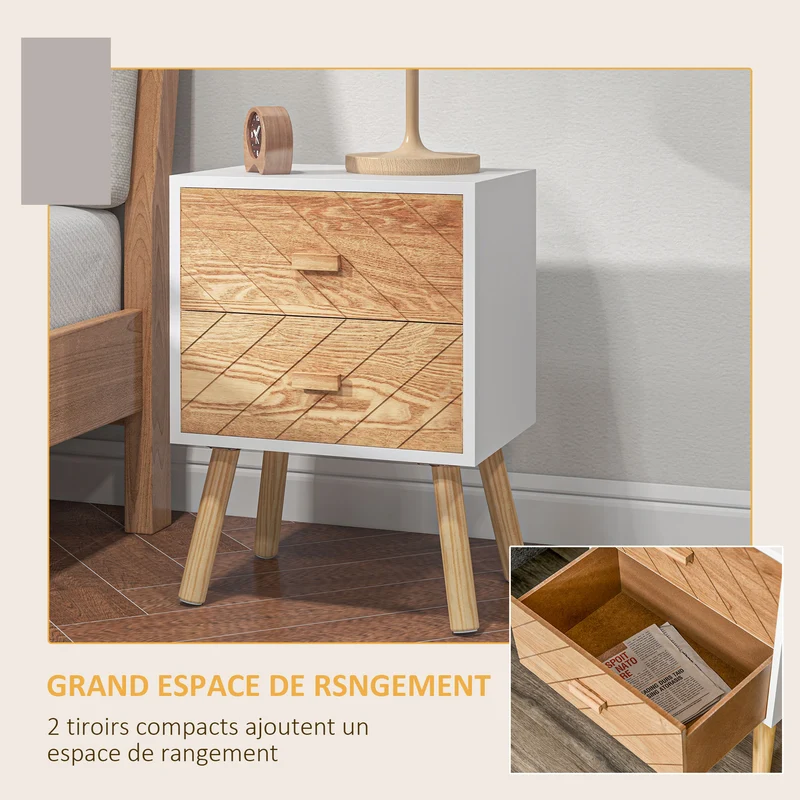 Chevet table de nuit 40 x 30 x 56 cm 4 tiroirs rangement pratique pieds effilés scandinave minimaliste en bois blanc 21_0001676