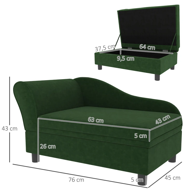 Canapé pour animaux intérieur 76 x 45 x 43 cm coffre de rangement assise amovible moderne scandinave en velours vert 21_0007344