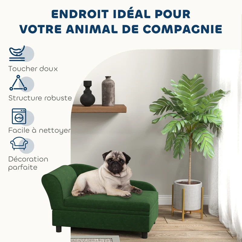 Canapé pour animaux intérieur 76 x 45 x 43 cm coffre de rangement assise amovible moderne scandinave en velours vert 21_0007344