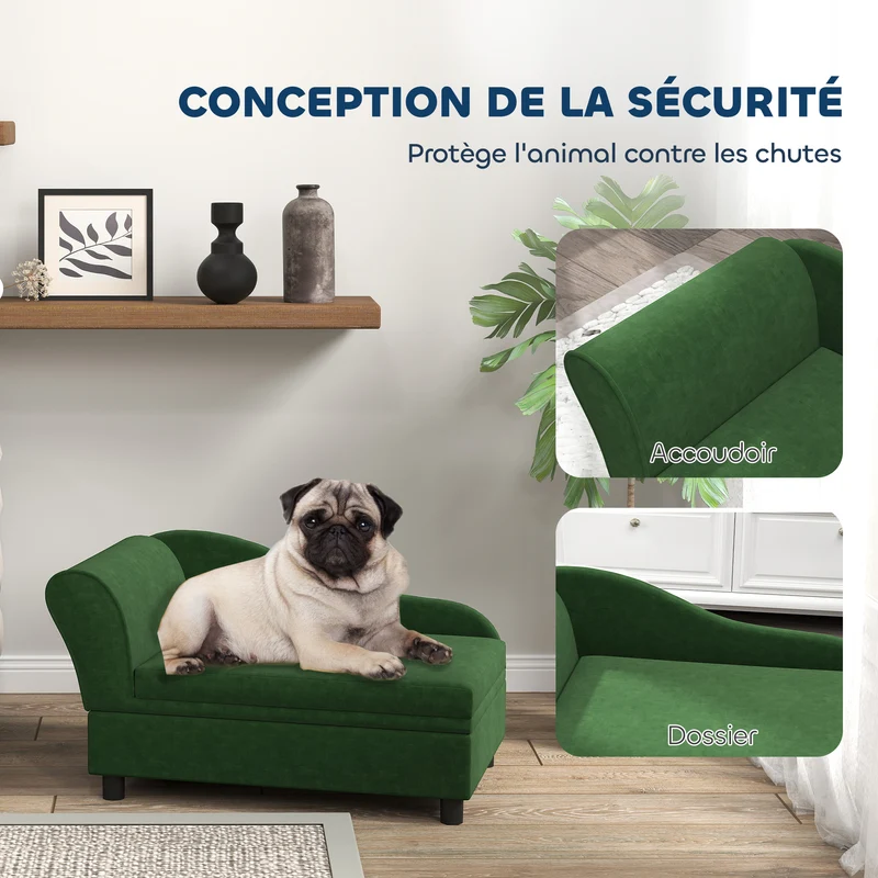 Canapé pour animaux intérieur 76 x 45 x 43 cm coffre de rangement assise amovible moderne scandinave en velours vert 21_0007344
