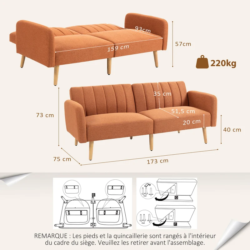 Canapé convertible 2 places 173 x 75 x 73 cm dossier inclinable 3 positions style scandinave épuré en polyester marron 21_0003045