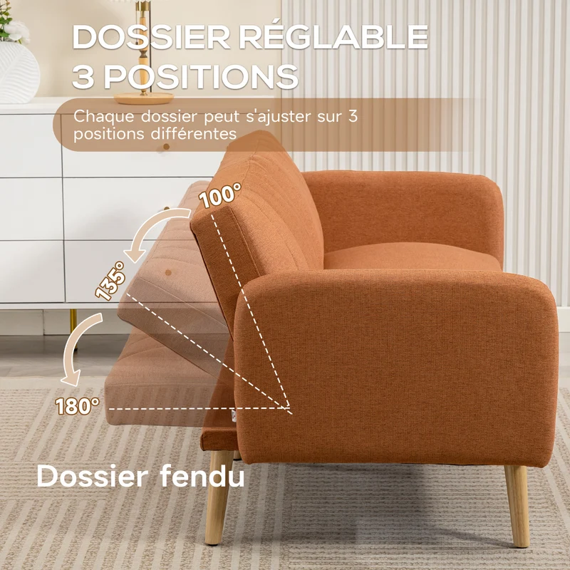 Canapé convertible 2 places 173 x 75 x 73 cm dossier inclinable 3 positions style scandinave épuré en polyester marron 21_0003045