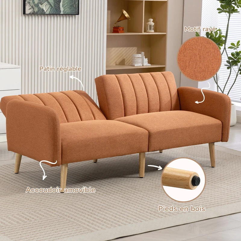 Canapé convertible 2 places 173 x 75 x 73 cm dossier inclinable 3 positions style scandinave épuré en polyester marron 21_0003045