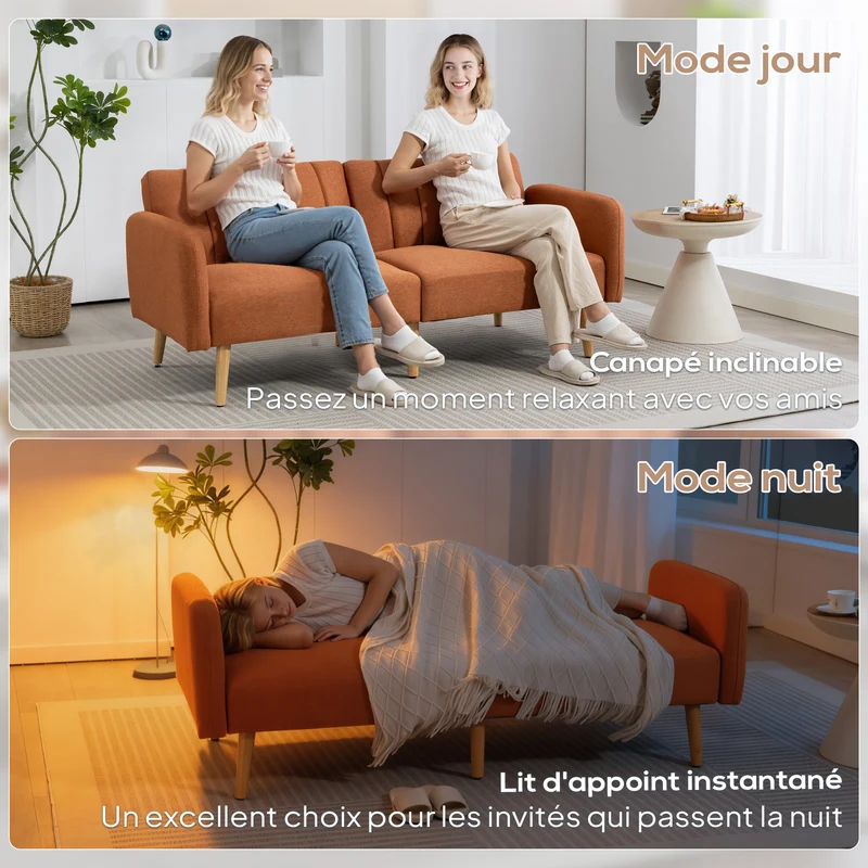 Canapé convertible 2 places 173 x 75 x 73 cm dossier inclinable 3 positions style scandinave épuré en polyester marron 21_0003045