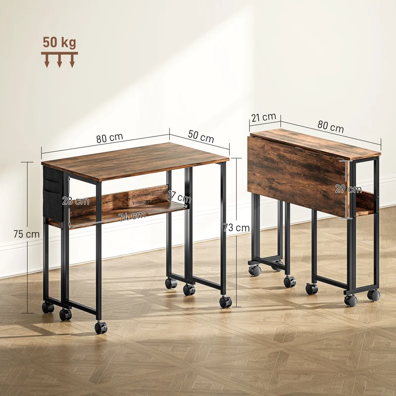Bureau pliable sur roulettes 80 x 50 x 75 cm gain de place étagère sac latéral 4 freins moderne en MDF brun rustique 21_0002533